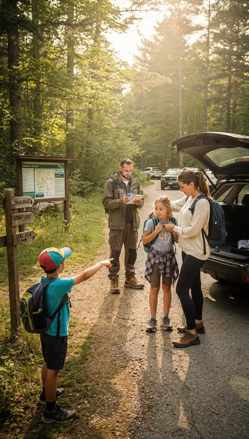 Zestaw niezbędnych akcesoriów do podróży, w tym plecak, lornetka i butelka wody.